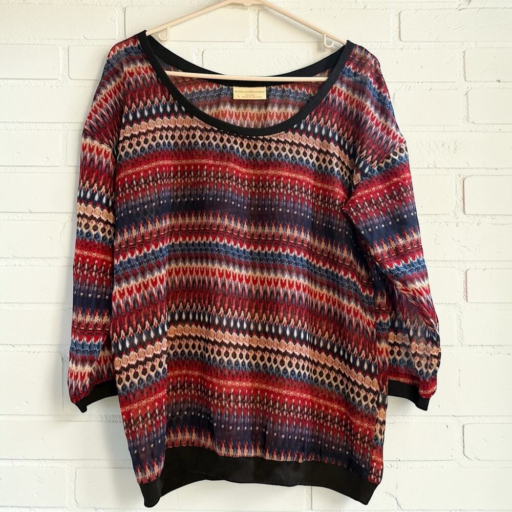 Bobbie Brooks Geometric Print Blouse Large Red Blue Scoop Neck Tunic Top